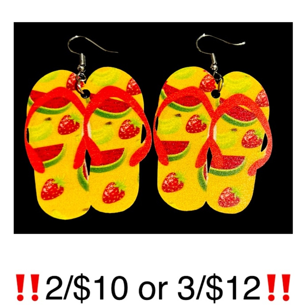 Flip Flop Earrings Strawberry Watermelon Banana Fruit Print Wooden Summer Yellow